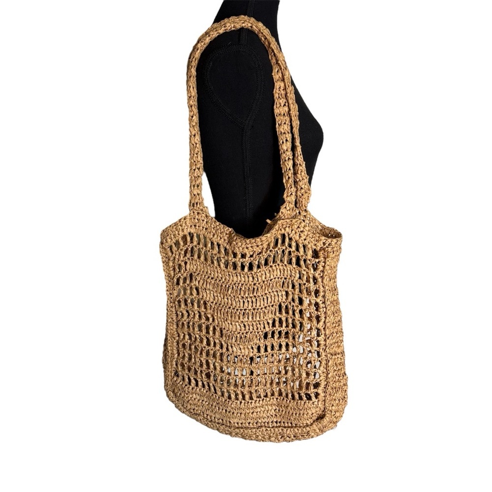 LA EXPRESS Tan Paper Straw Tote Bag Weave Beach Bag Boho Crochet *Flaws*